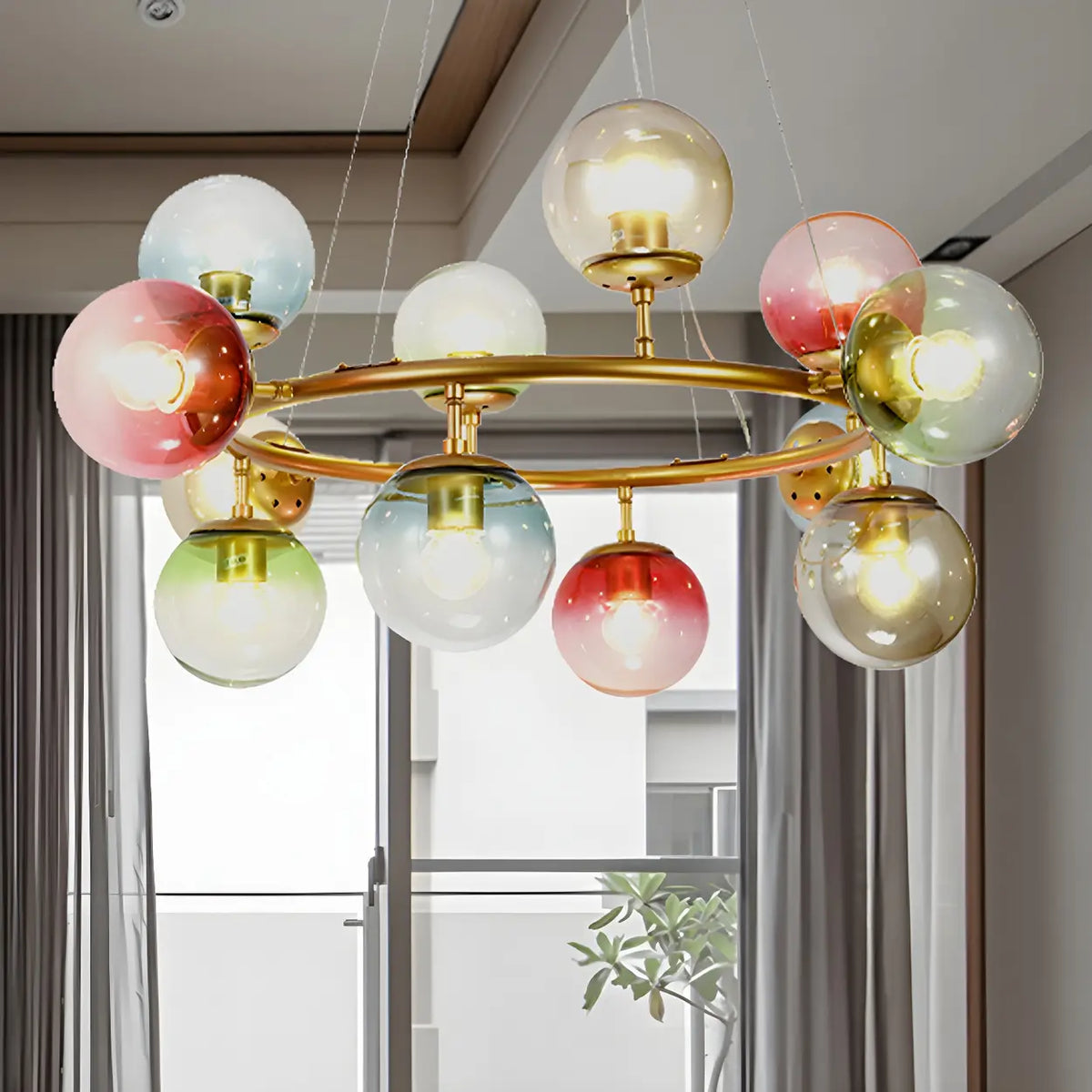 Modern Bedroom Gold Ring Colorful Glass Globe Chandelier