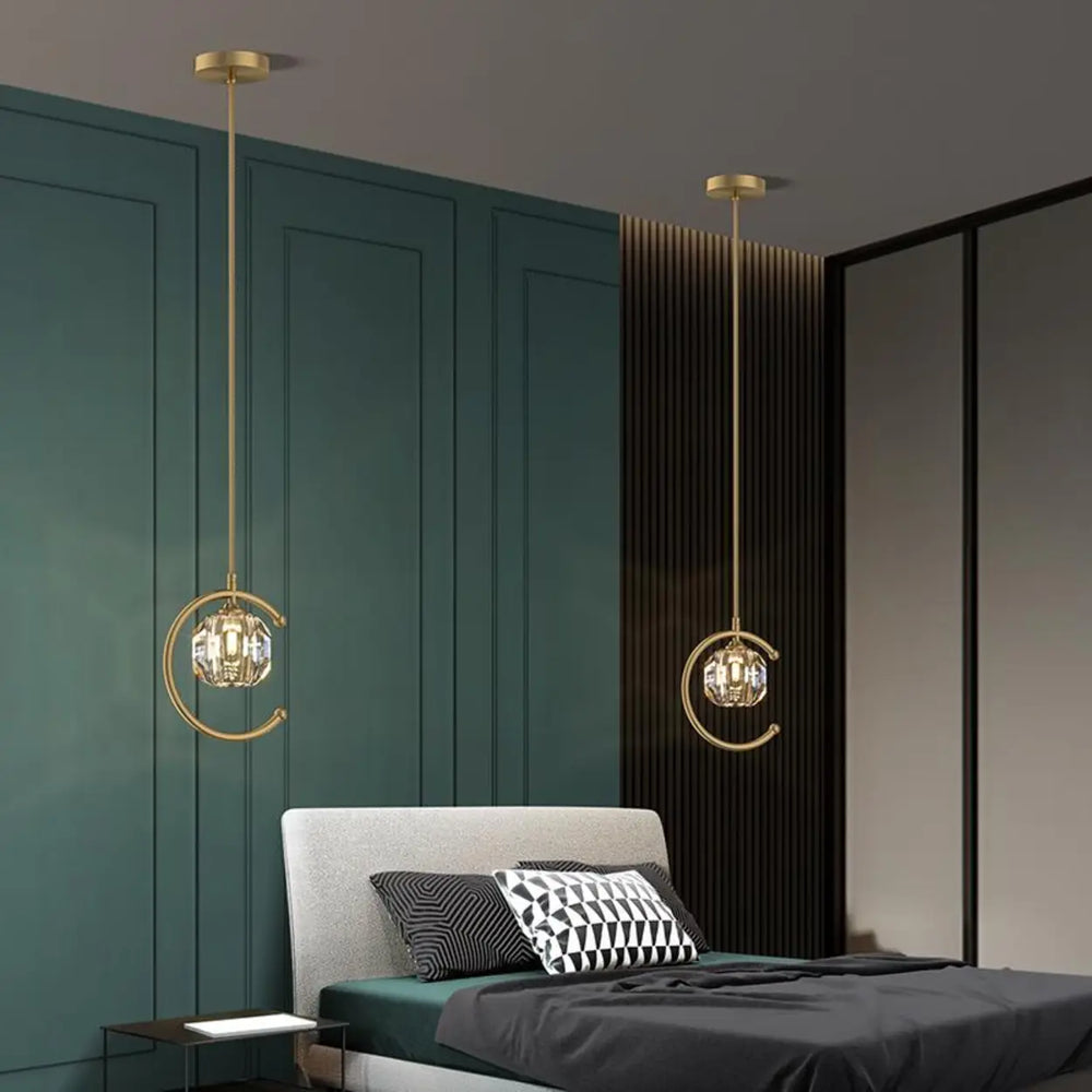 Modern Bedroom Gold Ring Crystal Globe Pendant Light