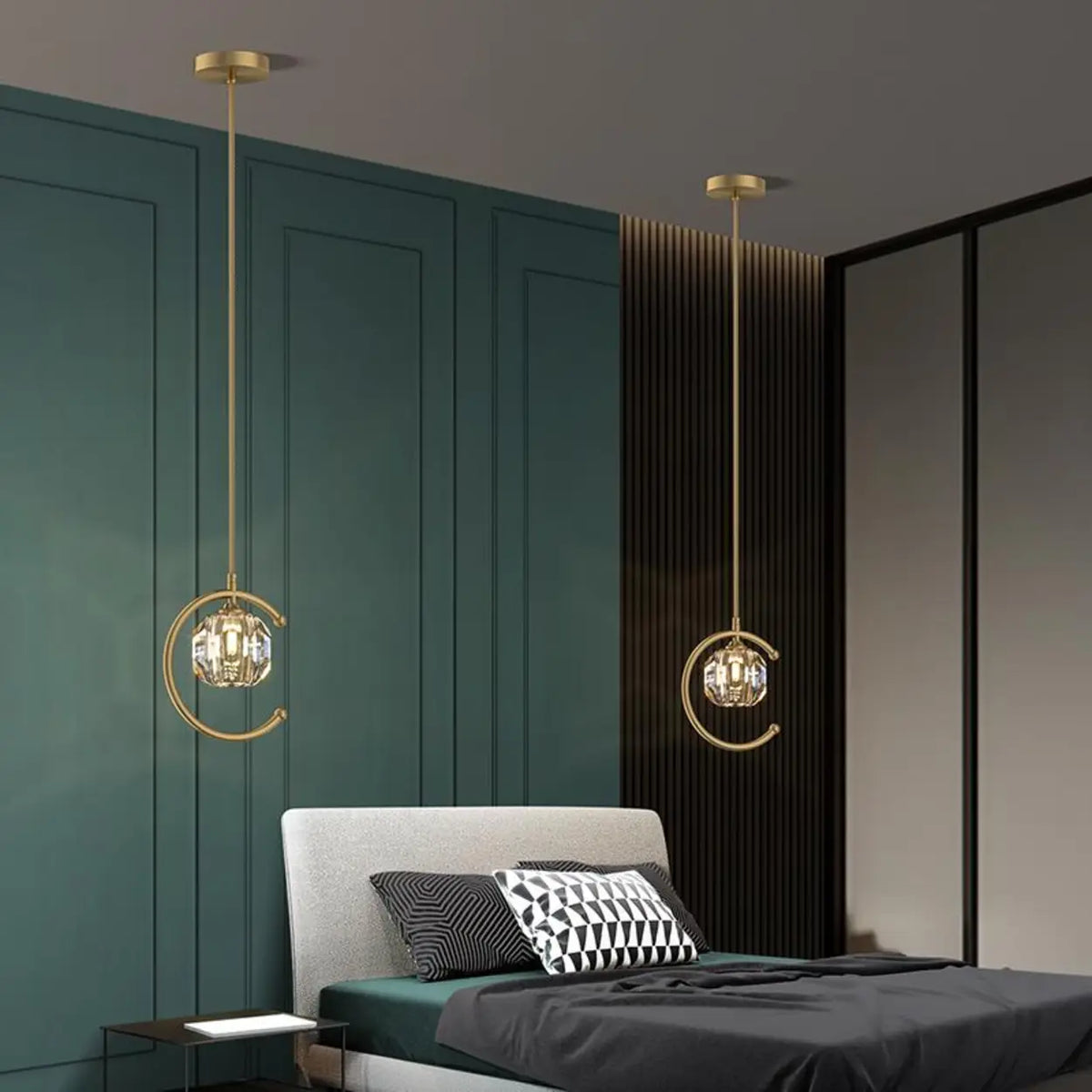 Modern Bedroom Gold Ring Crystal Globe Pendant Light