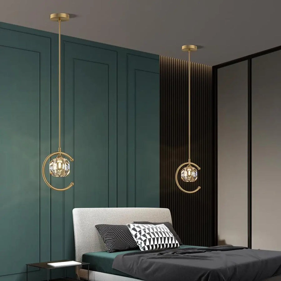 Modern Bedroom Gold Ring Crystal Globe Pendant Light