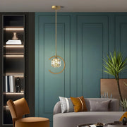 Modern Bedroom Gold Ring Crystal Globe Pendant Light