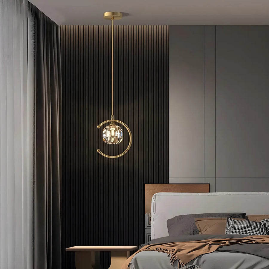 Modern Bedroom Gold Ring Crystal Globe Pendant Light