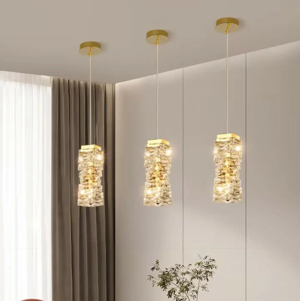 Modern Bedroom Stacked Square Clear Crystal Pendant Light