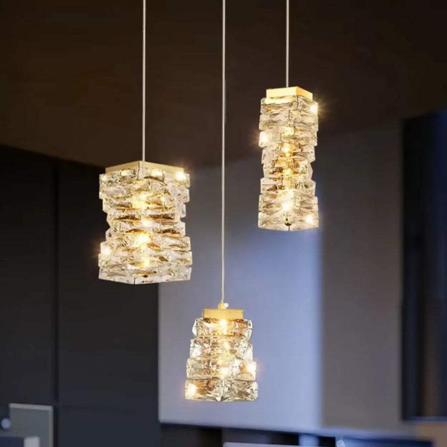 Modern Bedroom Stacked Square Clear Crystal Pendant Light