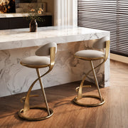 Modern Beige Upholstered Sculpted Metal Curved Back Bar Stool