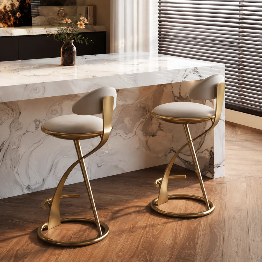 Modern Beige Upholstered Sculpted Metal Curved Back Bar Stool