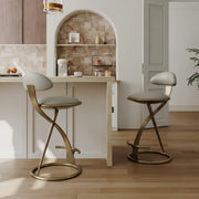 Modern Beige Upholstered Sculpted Metal Curved Back Bar Stool