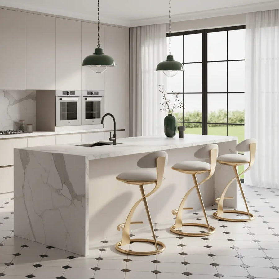 Modern Beige Upholstered Sculpted Metal Curved Back Bar Stool