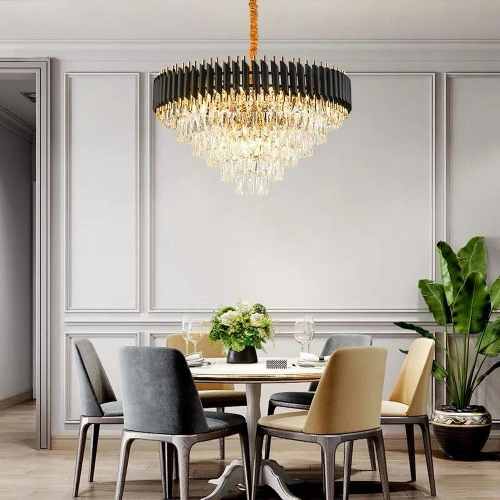 Modern Black and Clear Crystal Tiered Dining Room Chandelier