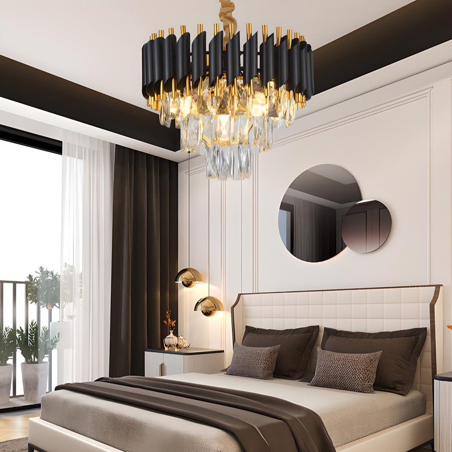Modern Black and Clear Crystal Tiered Dining Room Chandelier