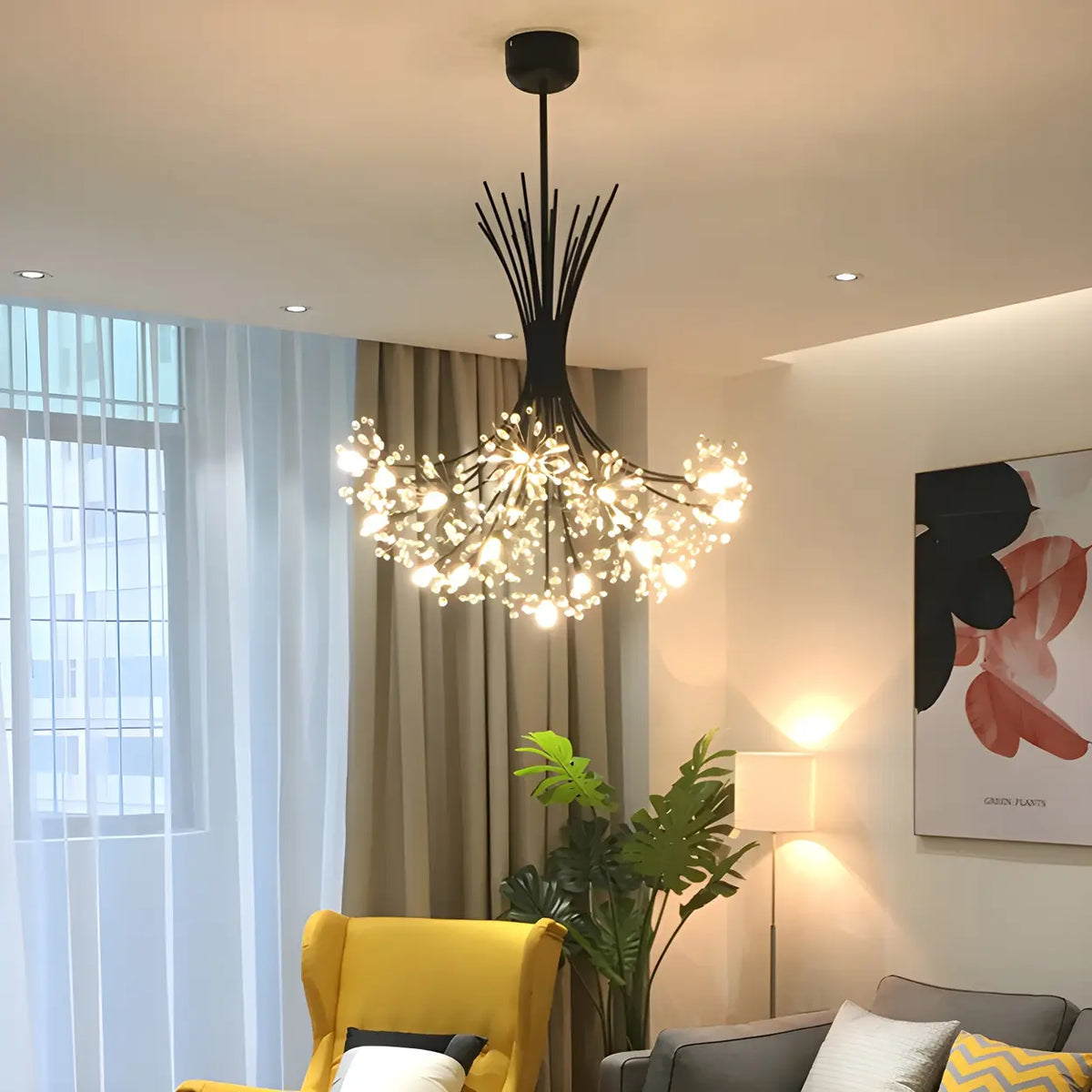 Modern Black Metal Clear Crystal Flower Bouquet Chandelier