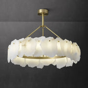 Modern Brass Downrod Circular White Alabaster Chandelier
