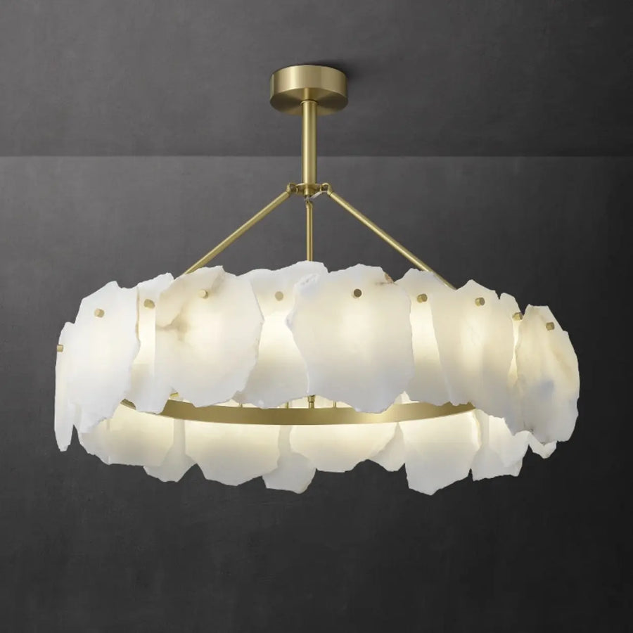 Modern Brass Downrod Circular White Alabaster Chandelier