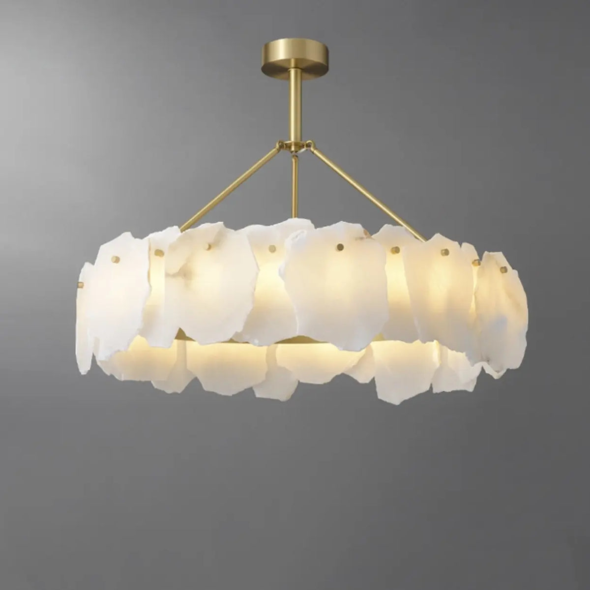 Modern Brass Downrod Circular White Alabaster Chandelier