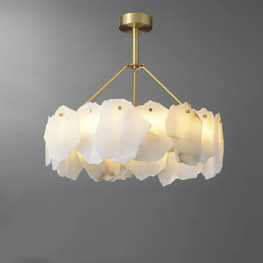 Modern Brass Downrod Circular White Alabaster Chandelier
