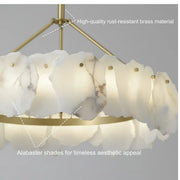 Modern Brass Downrod Circular White Alabaster Chandelier
