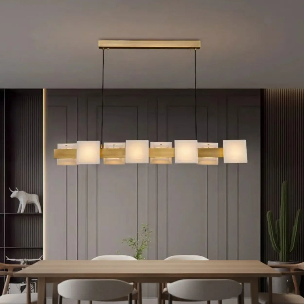 Modern Brass Linear Alabaster Cube Pendant Island Light