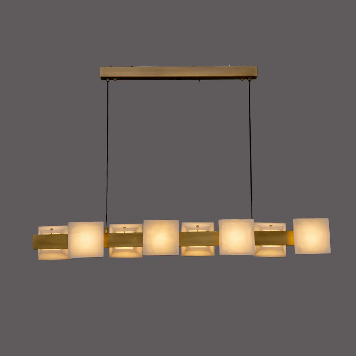 Modern Brass Linear Alabaster Cube Pendant Island Light