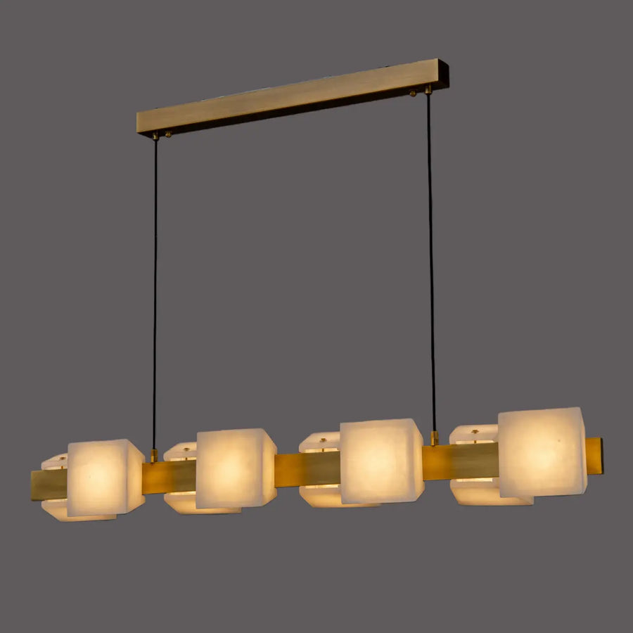 Modern Brass Linear Alabaster Cube Pendant Island Light