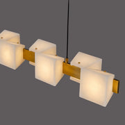 Modern Brass Linear Alabaster Cube Pendant Island Light