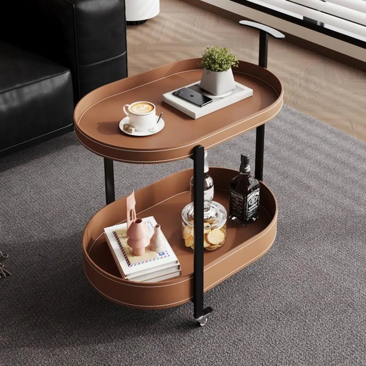Modern Brown Oval Top Chairside Table with Shelf and Rollers