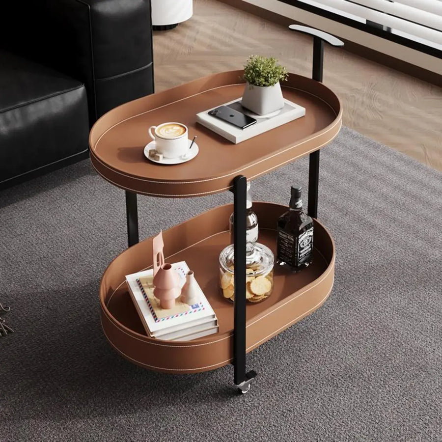 Modern Brown Oval Top Chairside Table with Shelf and Rollers