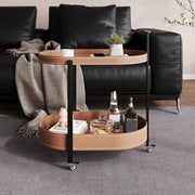 Modern Brown Oval Top Chairside Table with Shelf and Rollers