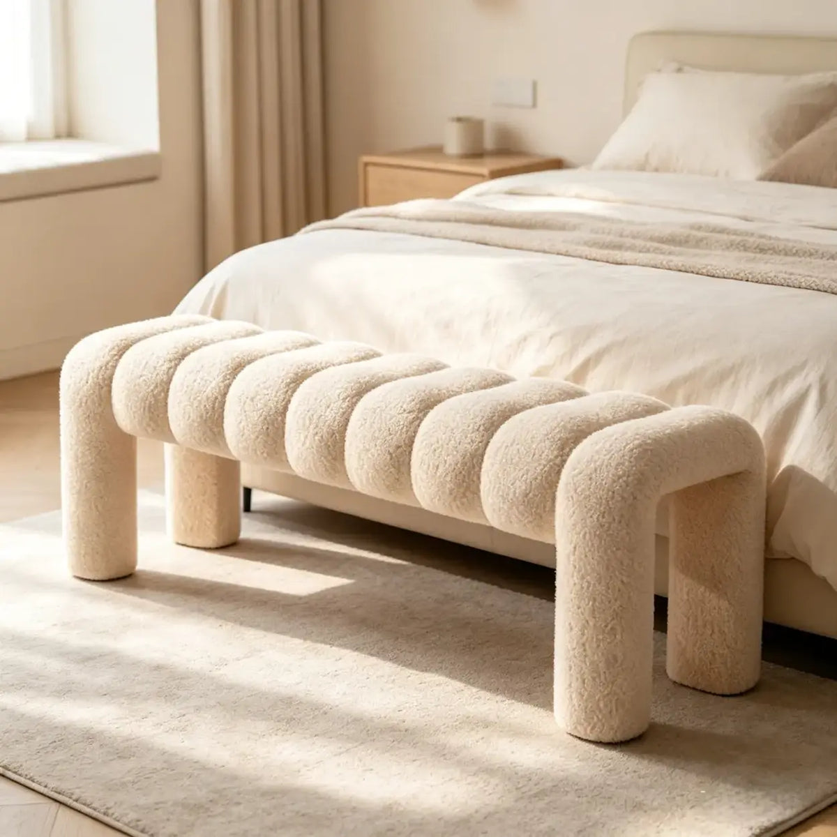 Modern Curved Solid Wood Bouclé Upholstered Bedroom Bench