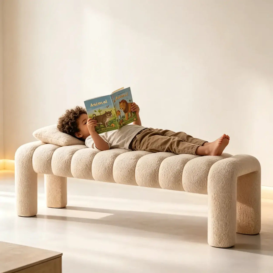 Modern Curved Solid Wood Bouclé Upholstered Bedroom Bench