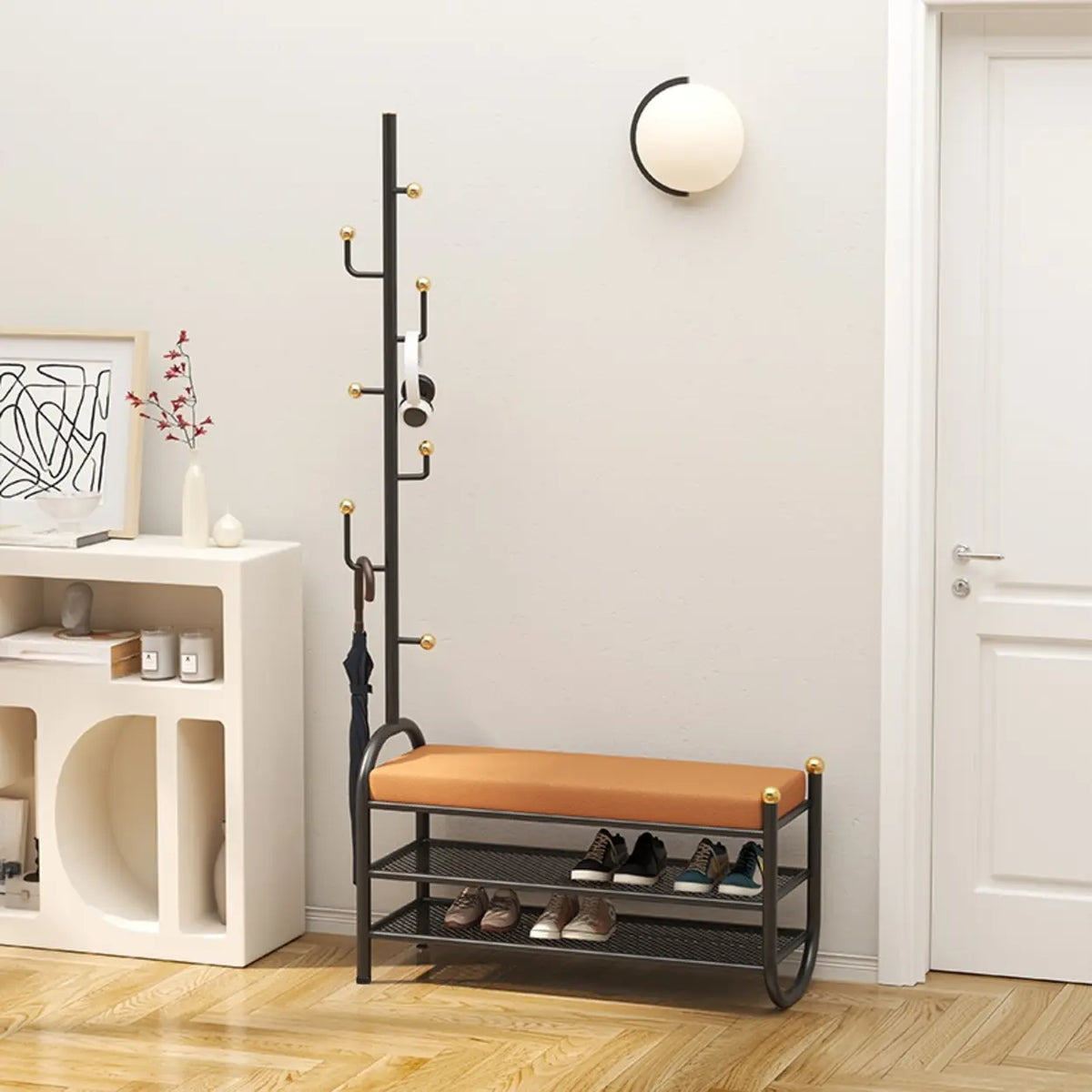 Modern Entryway Bench with Coat Rack and Shoe Storage