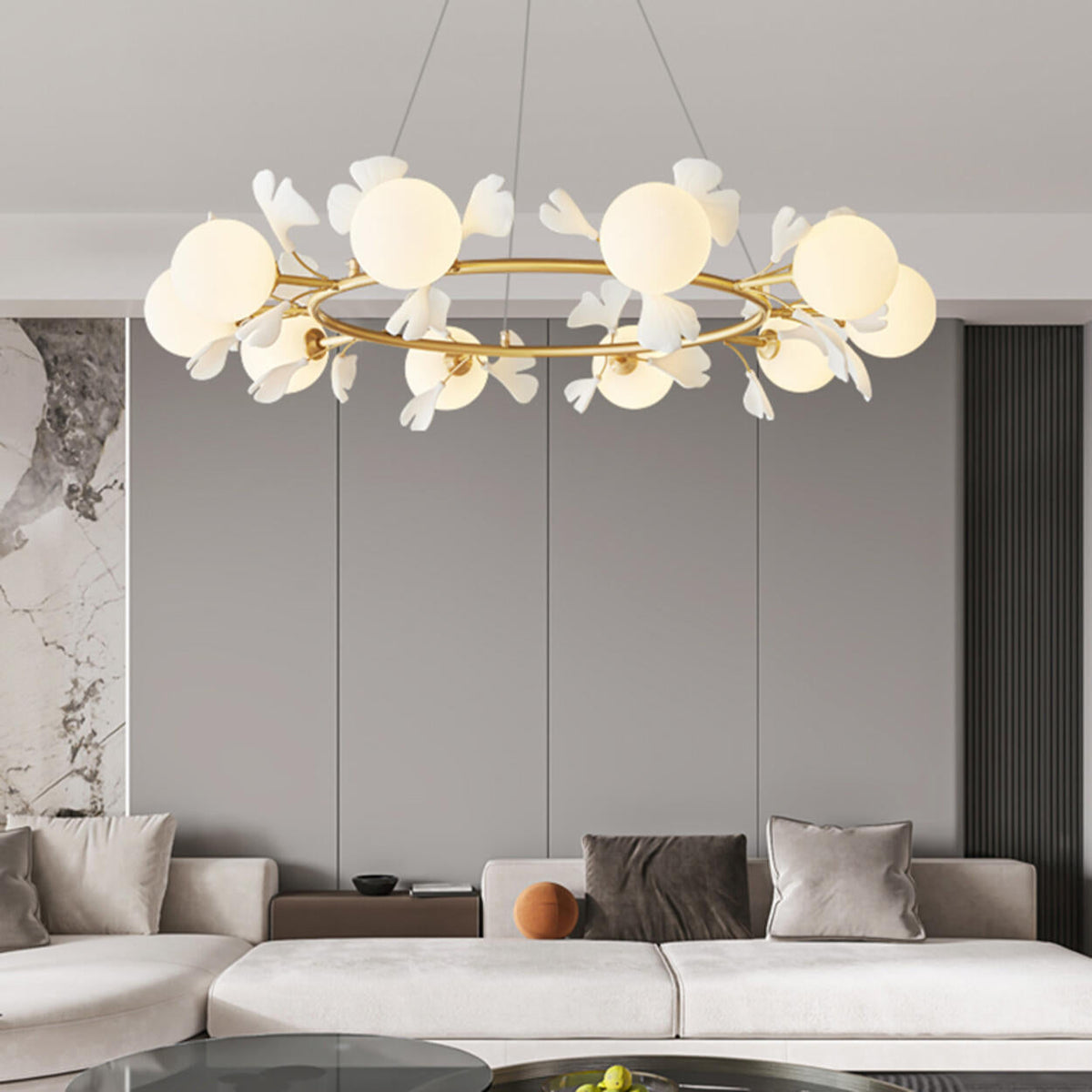 Modern Floral Leaves Circle White Ball Chandelier