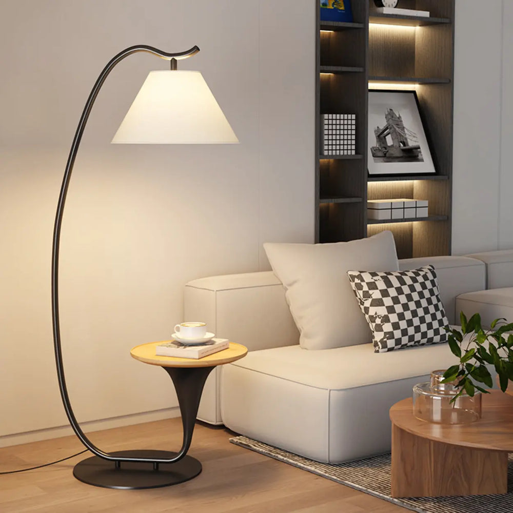 Modern Foot Switch Fabric Cone Arc Floor Lamp with Wood Table