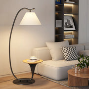 Modern Foot Switch Fabric Cone Arc Floor Lamp with Wood Table