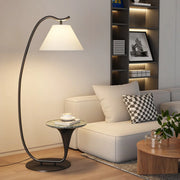 Modern Foot Switch Fabric Cone Arc Floor Lamp with Wood Table