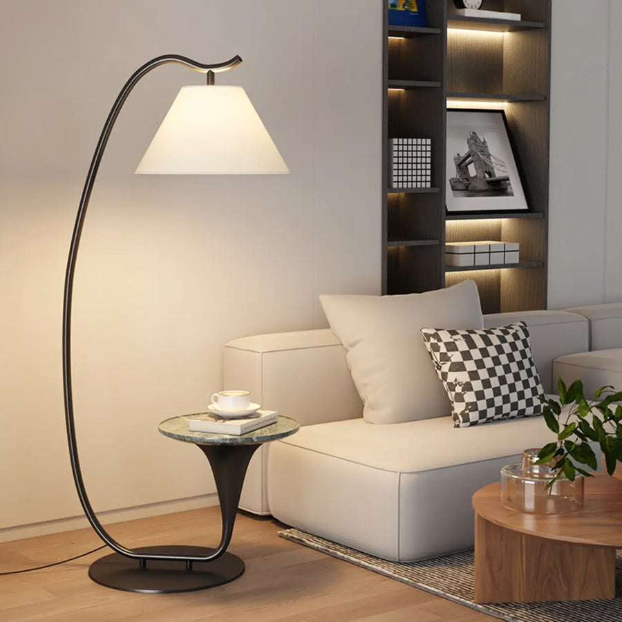 Modern Foot Switch Fabric Cone Arc Floor Lamp with Wood Table