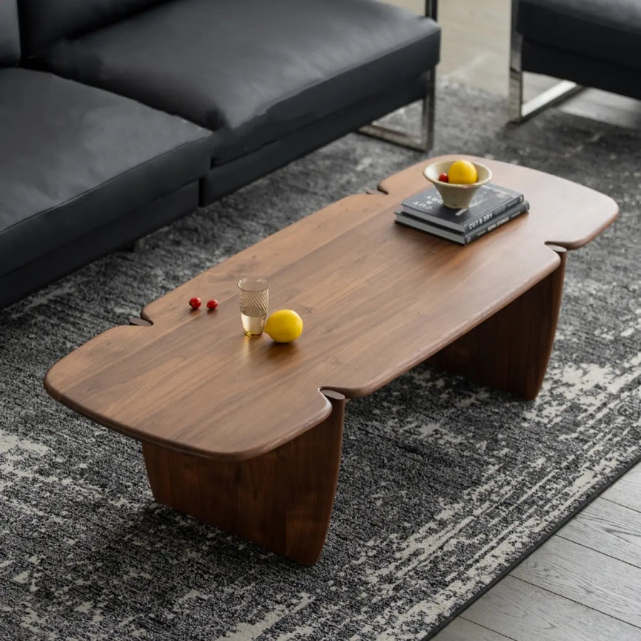 Modern Free Form Brown Wood Low Profile Coffee Table
