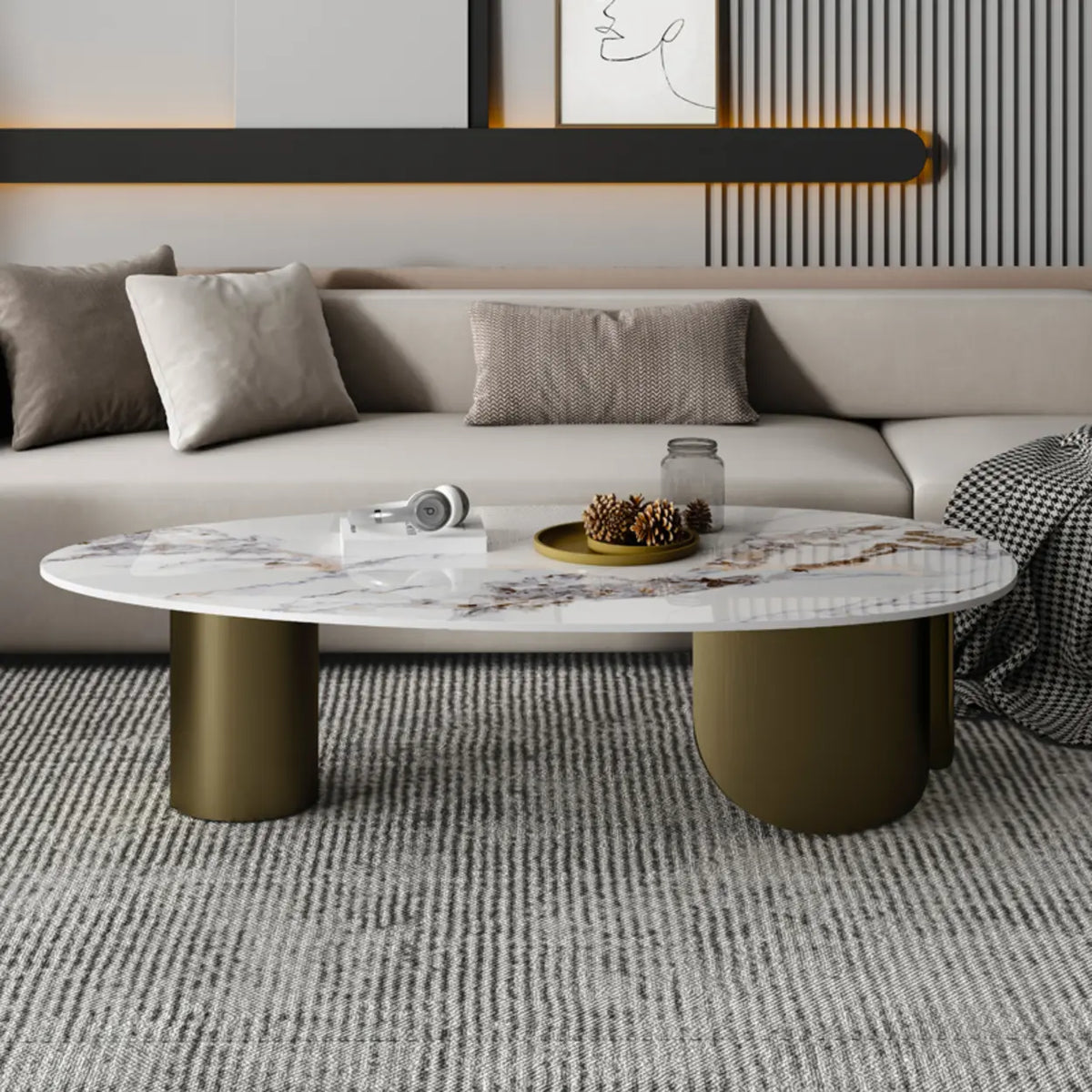 Modern Glam Oval Stone Coffee Table with Gold Base