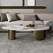 Modern Glam Oval Stone Coffee Table with Gold Base