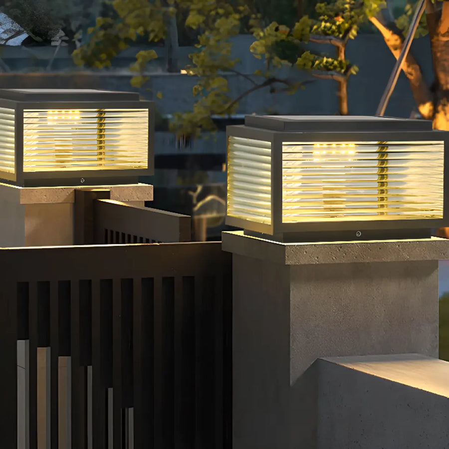 Modern Glass Cube Solar Metal Outdoor Pillar Lamp