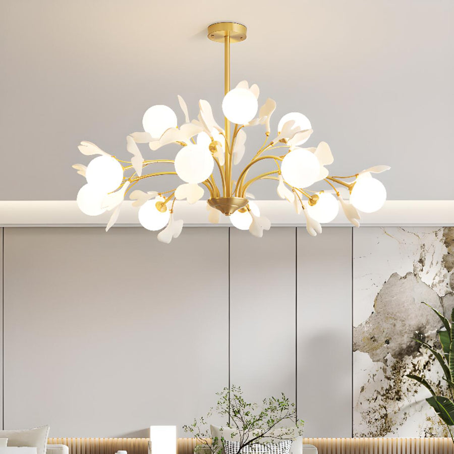 Modern Gold Rod White Floral Glass Ball Chandelier