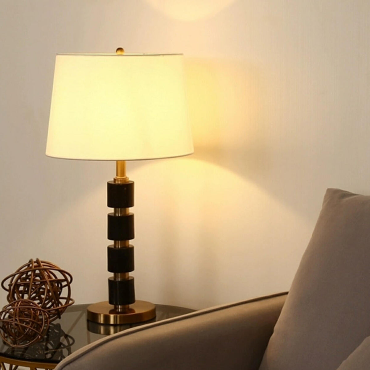 Modern Golden Finish Barrel Fabric Shade Table Lamp