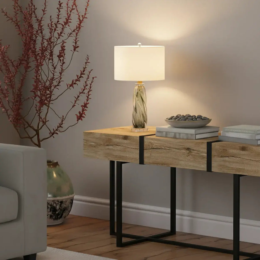 Modern Green Twisted Glass Cylindrical Fabric Shade Table Lamp