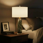 Modern Green Twisted Glass Cylindrical Fabric Shade Table Lamp