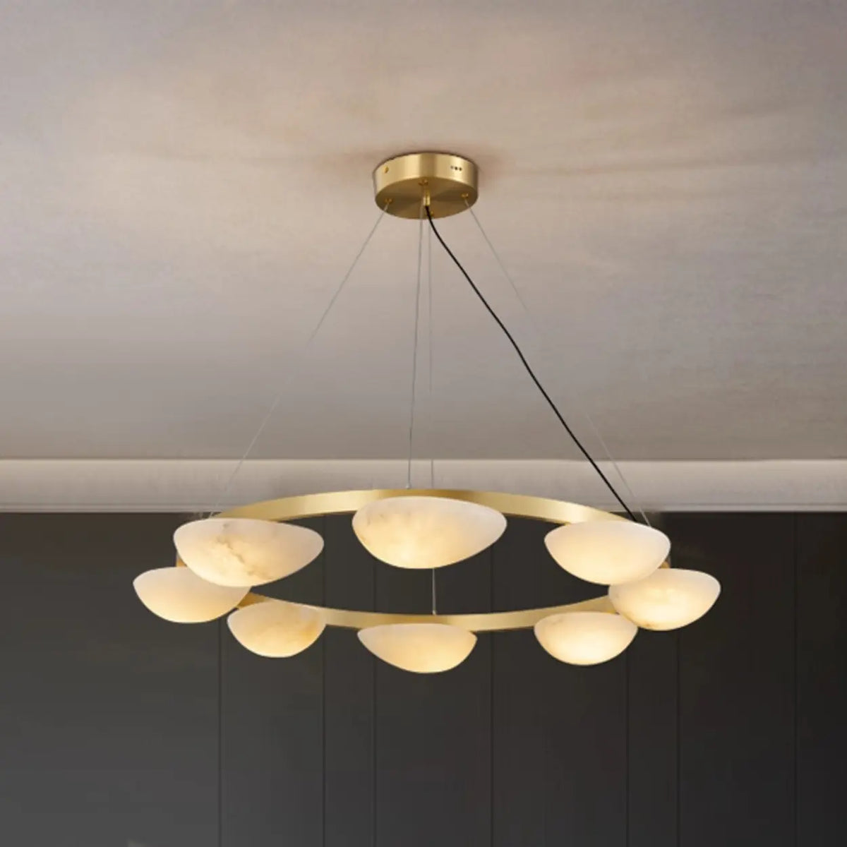 Modern Luxury Brass Circular Alabaster Hanging Chandelier