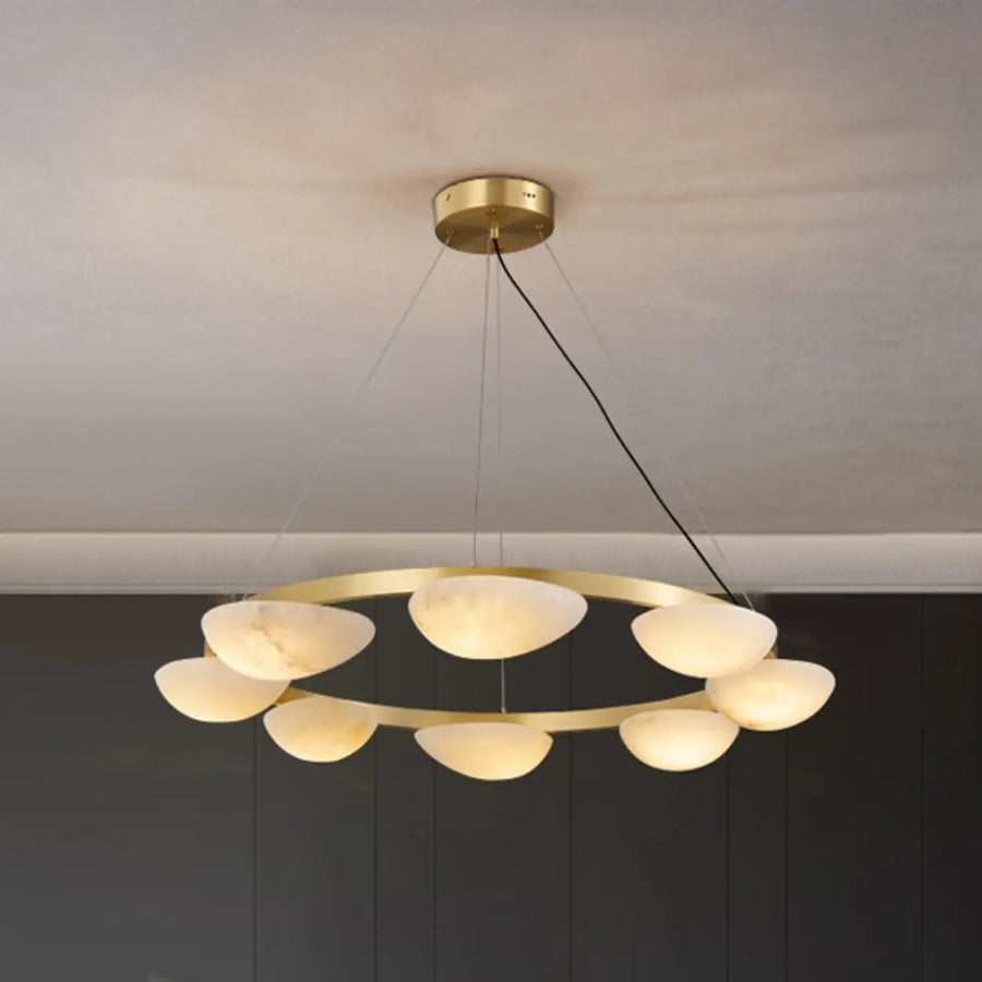 Modern Luxury Brass Circular Alabaster Hanging Chandelier