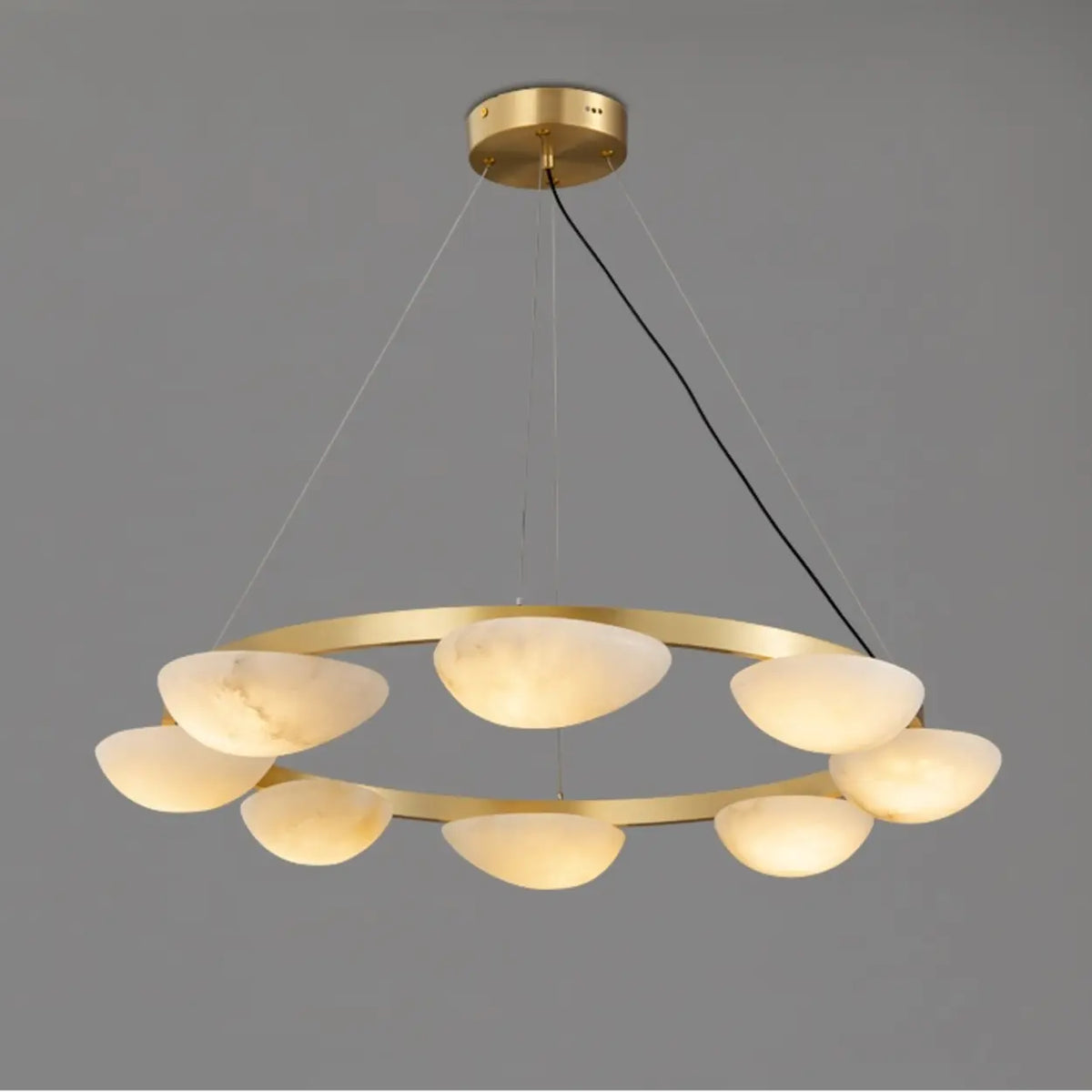 Modern Luxury Brass Circular Alabaster Hanging Chandelier