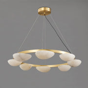 Modern Luxury Brass Circular Alabaster Hanging Chandelier