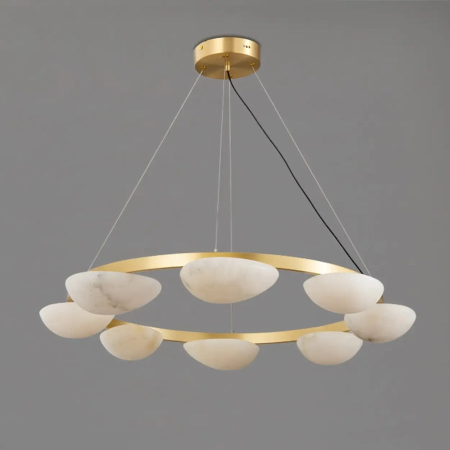 Modern Luxury Brass Circular Alabaster Hanging Chandelier