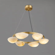 Modern Luxury Brass Circular Alabaster Hanging Chandelier