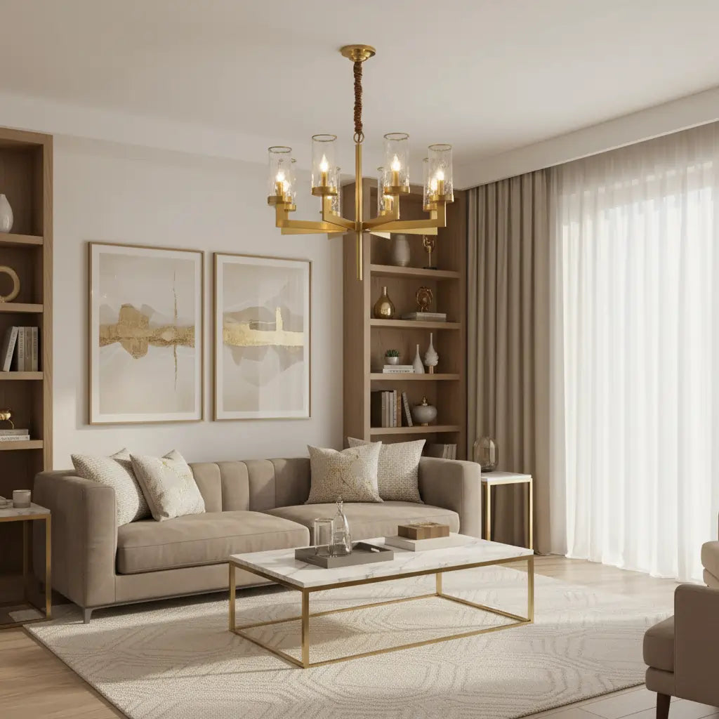 Modern Luxury Brass Textured Glass Cylinder Branch Chandelier